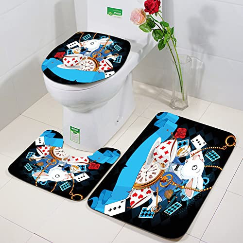Bath Mat Sets 3 Piece Washable Bath and Pedestal Mat Sets,Black Alice in Wonderland ations,Rabbit Amazing with Motion Cups Hearts Ro,Bathroom Rug Set Absorbant Bathroom Mat Set Bath and Toilet Mat Set
