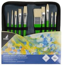 Kangaro Künstlerpinsel Set 10 Stuck - Ölfarbe -Verschiedene Größen für Künstler, Erwachsene und Kinder - im Etui mit abschließbarem Reißverschluss.