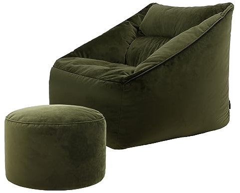 icon Natalia Velvet Bean Bag Chair with Pouffe, Olive Green, Large Adult Bean Bag with Filling Included, Accent Chair, Armchair, Living Room Furniture, Bedroom Furniture