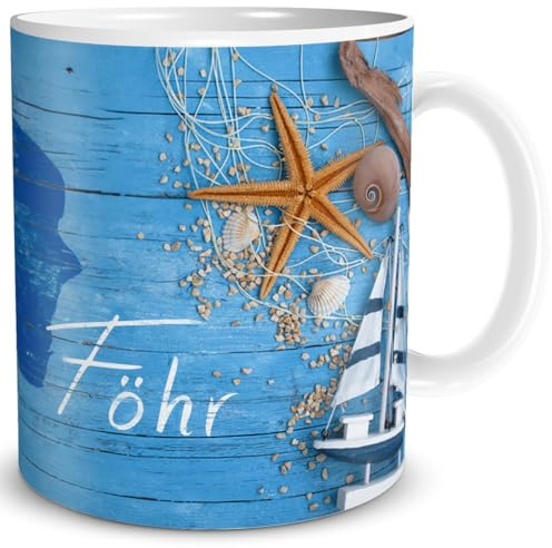 TRIOSK Tasse Föhr Nordsee Insel Souvenir Geschenk Maritim für Reiselustige Nordseeliebhaber Frauen Männer Büro Kollegen, Keramik 300ml