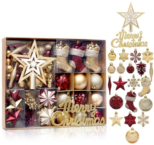 Fouriding 70 Stückes Weihnachtskugeln Kunststoff Christbaumkugeln Hängende Dekoration für Weihnachtsbaumschmuck Dekoration (WeinRot)