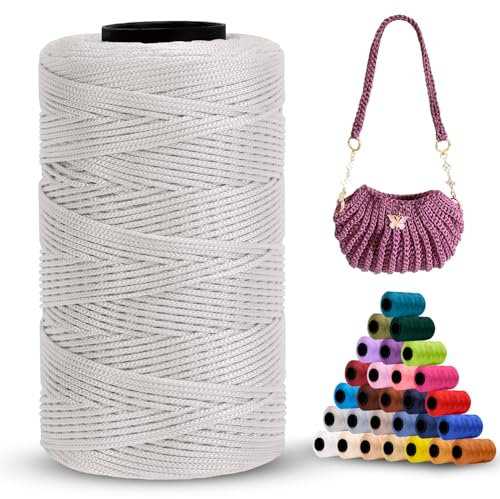 LEREATI Polyester Garn 1mm x 230m Makramee Garn 1mm Baumwollgarn Polyester Macrame Cord Polyester-Seil Baumwollkordel für Handtasche, Umhängetasche, Häkeltasche, Strickwaren (Hellgrau)