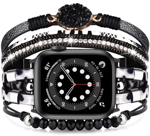 VISOOM Beaded Boho Kompatibel mit Apple Watch Armband 42mm/44mm/45mm/49mm/46mm Series 10/9/8/7/SE 6/5/4 Frauen Leder Niedlich Handmade Multilayer Wrap Watch Strap iWatch Bands Replacement,Leopard