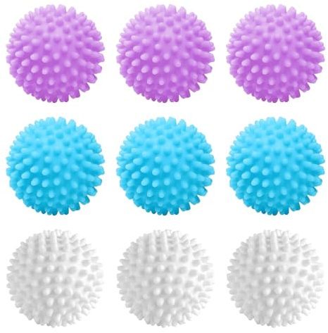 SPORWAY Pelotas de Secado: 9 Piezas Pelotas de Lavado, Pelotas de Secado Reutilizables, para Limpieza de Ropa en Casa (6,5 cm, Blanco/Azul/Violeta)