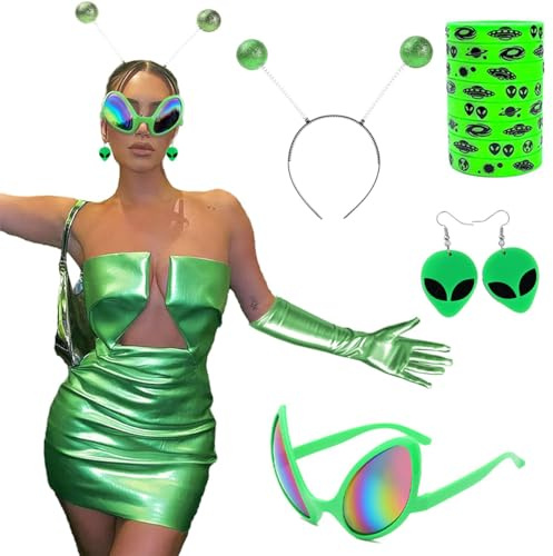 BSNRDX Alien Kostüm Set, Alien Haarreif Alien Brille Alien Ohrringe Silikonarmband Party Atmosphären-Requisiten für Damen Verkleidung Erwachsene Kostüm Zubehör