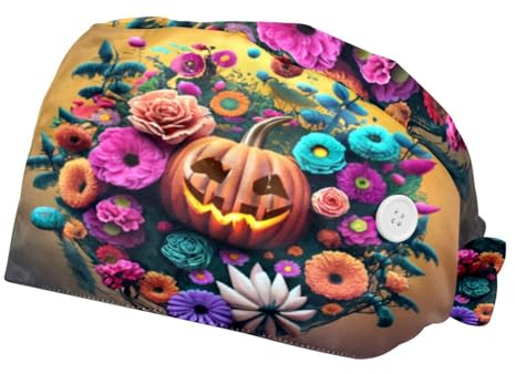 Unisex 2 Stück Scrub Cap mit Knöpfen Schweißband Hüte OP-Kappen für Damen und Herren, Happy Halloween, Mehrfarbig1, One size