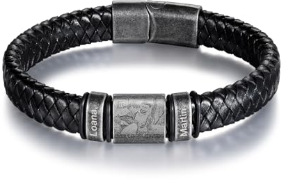 Jeweidea Foto-Lederarmbänder für Männer Personalisiertes Armband Herren mit Gravur Namen Edelstahl Armband mit Bild für Papa Vatertagsgeschenk Personalisierter Schmuck