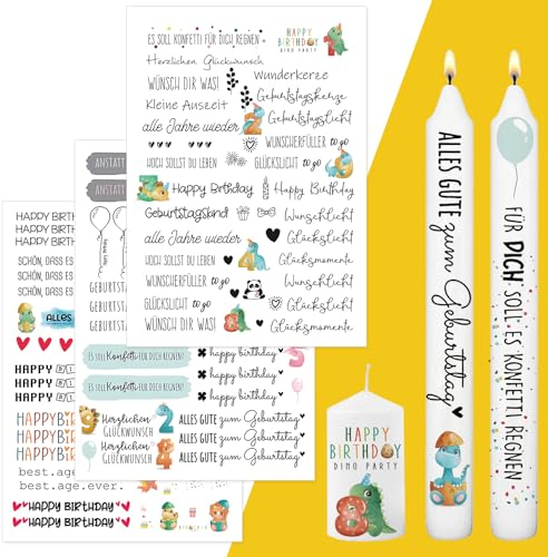 Kerzentattoo,3 Stück A4 Geburtstag kerzenaufkleber sticker für Kerze Tasse DIY Geschenk,Happy Birthday, Kerzen Dekorieren, Kerzensprüche(Geburtstagsthema - Dinosaurier)(F)