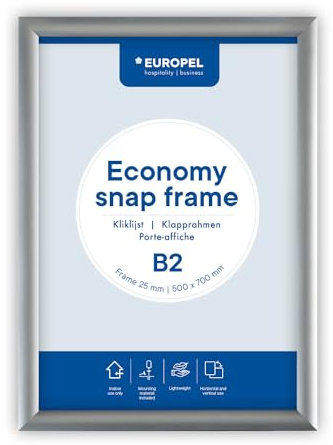 Europel Economy Klapprahmen, B2, Farbe Silber, 25x11mm Profil, eloxiertes Aluminium, Antireflexfolie, Plakate und Werbung, Hotel, Büro, Restaurant, Speisekarten, Für Posterformat 50x70,7 cm