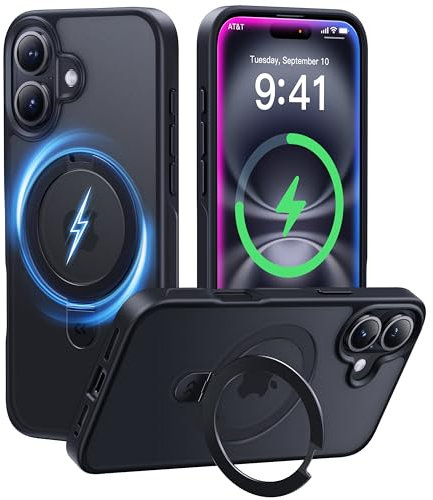 CASEKOO MagicStand für iPhone 16 Hülle mit MagSafe [Unsichtbarer Ständer] [MIL-STD-810H Militärstandard] Stoßfeste Schutzhülle Dünne Griffige Matte Handyhülle iPhone 16 Case - Schwarz