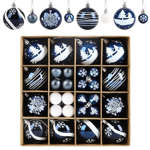 ilauke Set di 44 palline di Natale, blu e bianche, infrangibili, palline da 6 cm e 3 cm in 8 stili per Natale, matrimoni, feste e decorazioni per la casa