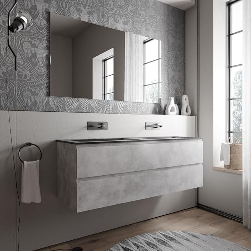 BERNSTEIN Badmöbel-Set Ava 140cm bestehend aus Mineralguss-Doppel-Waschbecken mit Unterschrank in Beton, Waschtisch BRUXELLES - Schwarz matt ohne Hahnloch, Ideal für große Bäder