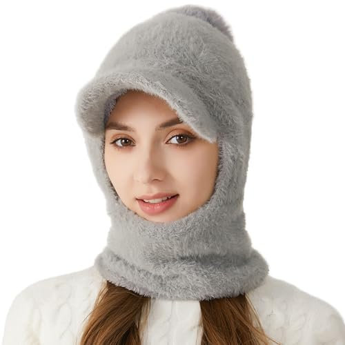 Rayson Wintermütze Damen Warme 3 in 1 Strickmütze Schal Set Dehnen Beanie mit Bommel für Outdoor-Sportarten(Grau,Einheitsgröße)