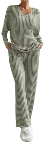 AGYMNX Schlafanzug Damen Lang Pyjama Set Baumwolle Lange �rmel Gestricktes Yoga-Sets mit V-Ausschnitt 2 St�ck Slim Fit Gem�tliche Nachtw�schee mit Taschen Sportanzug Trainingsanzug Armeegr�n L