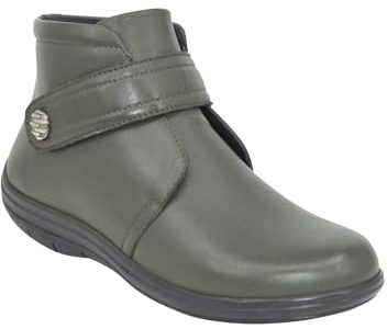 Amber Ladies Wide EE Fit Leather Touch Fasten Boot Comfortable, Adjustable Leather Boots Olive 6