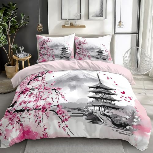 Parure de Lit Enfant Réversible Fleurs de cerisier japonais temple, Housse de Couette avec Fermeture Éclair en Polyester 220 x 240 cm + 2 Taie d'Oreiller - Housses de Couettes 2 Personne, Rose clair