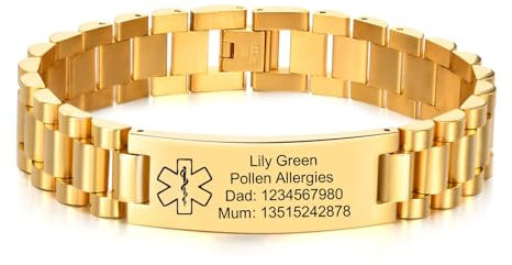 Gamtic Personalisierte Notfallarmband Medizinisches Armband - Verstellbare Edelstahl Armband mit Knebelverschluss, SOS ID Armband mit Gravur Krankheit Notrufnummer Armbänder für Herren (Gold)