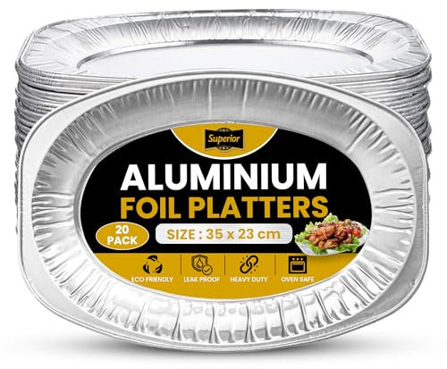 Superior Aluminium Foil Party Platters-20 Pack Large Serving Catering Platter, Oven and Freezer Safe-Appetizer Serving Tray, Reusable Serving Platter for Parties, Buffets,BBQs,Recyclable Trays 35x23cm