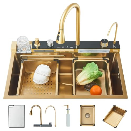 Cesinkin Evier Cuisine Doré Brossé Multifonction avec Haute Pression Robinet Bec Extractible et eau Pure Inox 75x45x21 Evier Cuisine 1 Bac avec Egouttoir