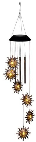 LED Solar Windspiel Sonne, Solarleuchten hängend mit Klangstäben, Klangspiel für den Außenbereich, Deko