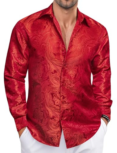 Ailisus True Red Men's Silk Shirts Paisley Long Sleeve Button Down Dress Shirt Western Casual Tops Woven Party Wedding