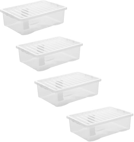 KYY'Z 4 x 32 Litre Under Bed Storage Boxes with Lids, Clear Plastic Storage Box with Lid, Multipurpose Plastic Box Ideal For Underbed Stackable Storage Boxes For Home & Office