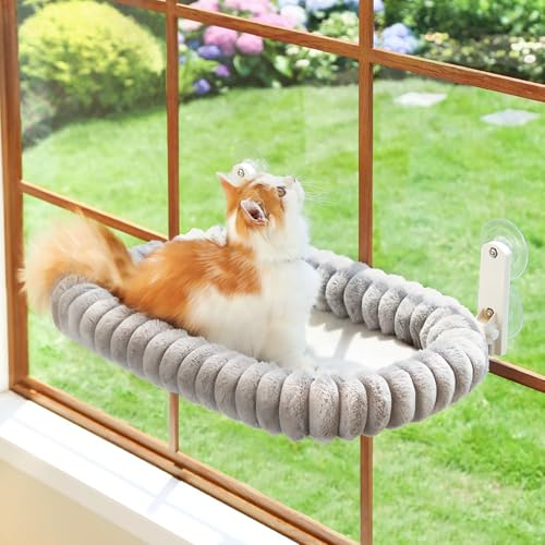 Zakkart SnugCloud Klappbarer Katzen-Fensterplatz – Kabellos, kuschelweiches, waschbares Bett mit 4-Seiten-Polster & Metallrahmen als Fenster-Hängematte für große Katzen & Kätzchen (Grau, Größe M)