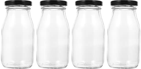 iplusmile Lot de 4 Bouteilles de Lait en Verre 200 Ml Transparentes avec Couvercles Métalliques, Conservateurs, Réutilisables, Adaptées Réfrigérateur Stockage des Boissons Fraîches