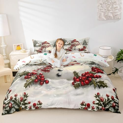 Manfei Snowman Duvet Cover Set Single Size,Holly Leaves Berry Bedding Sets 2Pcs for Kids Girls Boys Adult Room Decor,Winter Snow Cottage Comforter Cover Christmas Tree Quilt Cover,1 Pillowcase