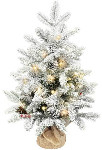 HOMCOM 60 cm Prelit Small Christmas Tree with 35 LED Lights, Snow Flocked Tabletop Mini Xmas Tree with Pine Cones, Berry Clusters and Linen Cover Base, Battery Operated, Green