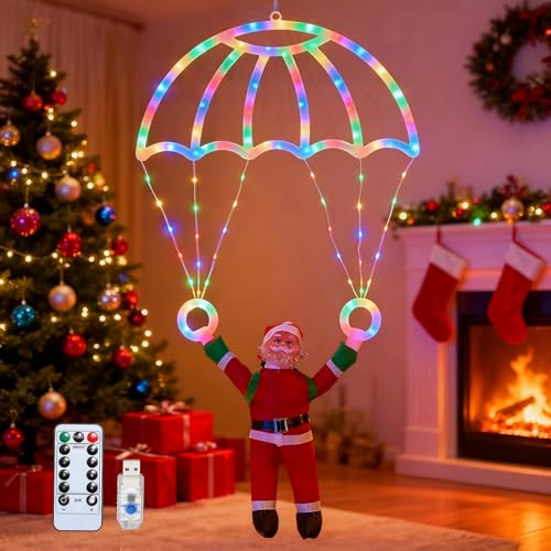 FUFRE Weihnachtsdeko Weihnachtsmann Fallschirm Lichterkette, Weihnachtsbeleuchtung Außen Mit 8 Modi und Timer, Weihnachten Deko Weihnachtsmann Hängende für Outdoor Weihnachtsbaum Fenster Balkon (A)