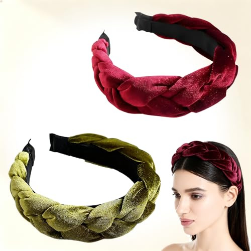 FISH DRAGATE 2 pcs bandeaux rembourrés en velours pour femme,serre tete, fille headband,vintage serre tête,bandeau tressé pour le yoga, l’exercice, la course à pied, le sport,vert foncé et rouge foncé