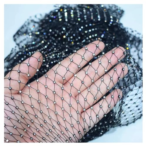GreatRise 2 Yards Dehnbares Netz Strassstoff Glänzender Strass Netzstoff Kristall Stretchstoff Dekostoff Elastischer Fischnetz Stoff für Kleidung Tasche Schuhe Maske Dekoration Schwarz 36-37cm