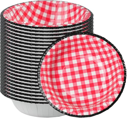 Cherypick Paper Bowls 8 oz/240 ml, 50 Pack Disposable Gingham Paper Bowls | Microwave Safe, Leak-Resistant and Cut-Resistant for Picnics, BBQs, Garden Parties and Family Gatherings (Red)