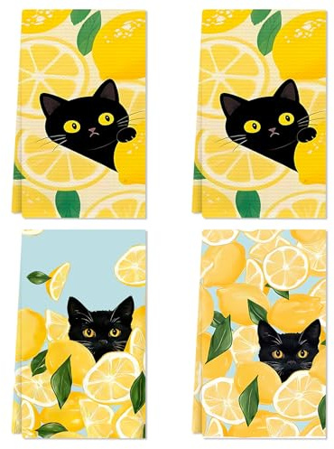 4 Stück Geschirrtücher Zitronen Deko mit Schwarzer Katze, 40 x 60cm Küchentücher Set Frühlingsdeko Sommer, Deko Zitronen Baumwolltücher für Küche, Saugfähige Zitrone Deko für Haushalt