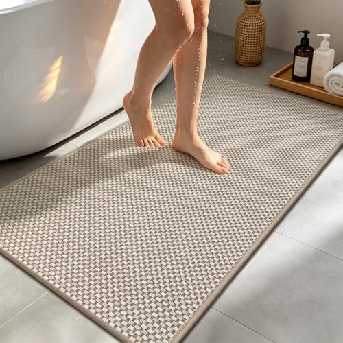 Enyhom Badezimmerteppich groß, 60x120cm Badteppich rutschfest waschbar Badematte Beige Badvorleger Saugfähige schnelltrocknend, Weiche Duschvorleger mit Gummi Unterseite