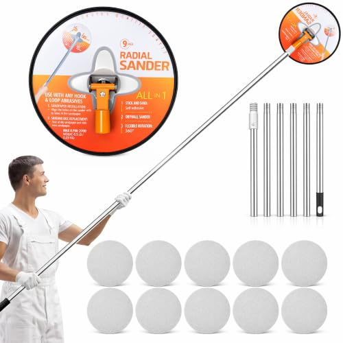 YOZAIUUI 9 Inch Drywall Pole Sander Kit - 180cm Extension Pole | 360 Rotation Aluminium Radial Wall Sander With 10 Sanding Sheets For Ceilings And Plasterboard