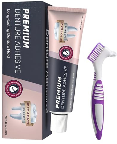 40 G Zahnkleber für Prothesen, Timilk Haftcreme, Prothesenkleber, Sanfte und Reizfreie, Geeignet für Oberkiefer-, Unterkiefer- Oder Teilprothesen, Inklusive Einer Prothesenzahnbürste