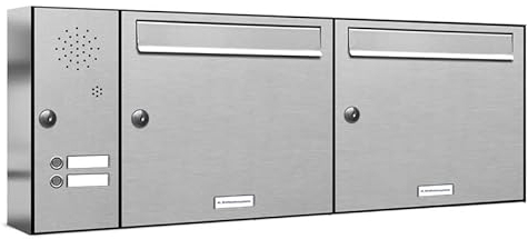 AL Briefkastensysteme 2er Briefkastenanlage mit Klingel, V2A Edelstahl, Premium Doppel-Briefkasten DIN A4, 2 Fach Postkasten modern Aufputz