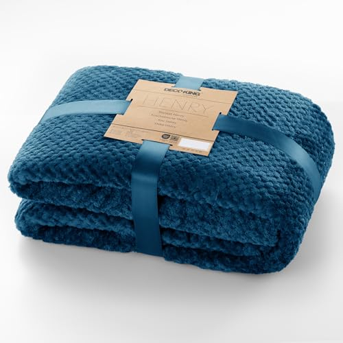 DecoKing Henry, Morbida Coperta in Microfibra/Pile, Coperta da Giorno, da Salotto, in Stile scandinavo, Poliestere, Blu Scuro, 70 x 150 cm