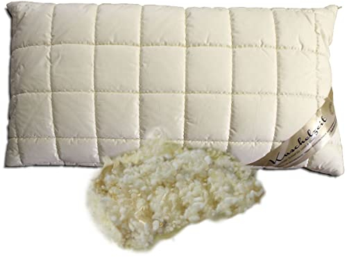 Merino Schafschurwolle Kopfkissen mit Zirbe Spänen in 40x80 cm mit 500 Gramm Schurwoll Kügelchen zur individuellen Höhenverstellung und ca. 100 g Zirbe - Made in Germany