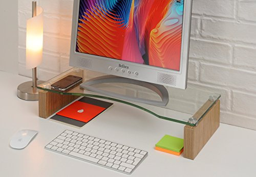 Ttap Glass Monitor Riser Stand - Oak Desk TV Laptop Shelf, Computer Desktop Monitor Lift