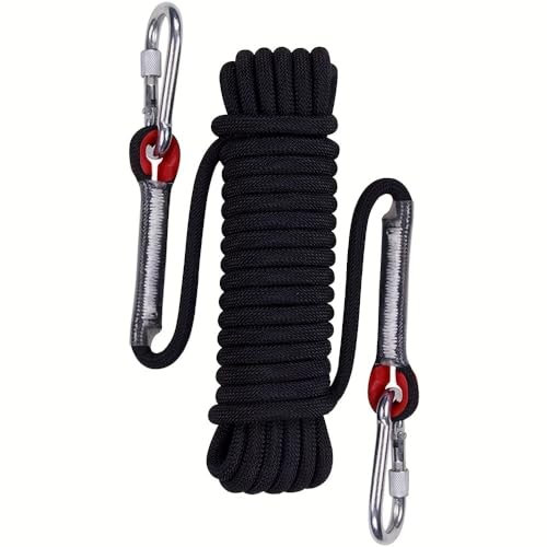 Wolike 10 Meters Length Professional Climbing Rope Rappelling Abseiling Rope Outdoor Excursions Accessories 12mm Diameter 12KN Escape High Resistance Rope With Two Carabiners(Black,10m)