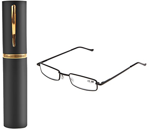 Cold Toy Federscharnier Lesebrille Damen Herren Metall Schmal Klein Mini Leicht Lesehilfe Sehhilfe Klare Arbeit Brillen Stärke mit Etui (Schwarz, 2.00)