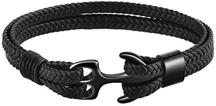 Emibele Bracelet for Men, Sturdy Cowhide Leather Bracelet, Multilayer Vintage Anchor Bracelet Wrap Cuff - Black with Black Anchor