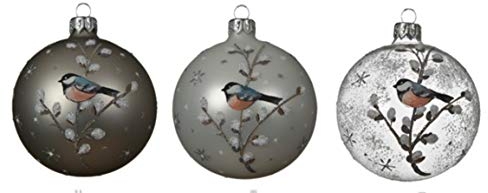 KAE Set of 3 Round Glass Christmas Tree Bauble/Decoration - Garden Bird Winter Scene - Matt White, Silver, Clear - 8 cm (Looking Left)