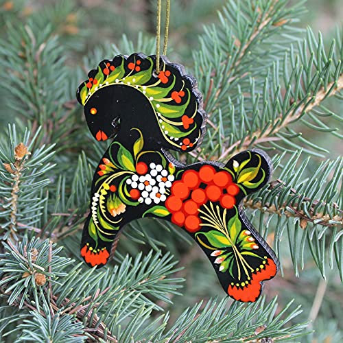 Pferd Christbaumschmuck aus Holz Hadgefertigt 8.5 х 10 х 0.5 cm mit Bunter Ukrainischer Petrykiwka-Malerei Kunsthandwerk für Christbaum