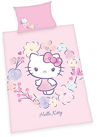 Herding Hello Kitty Bettwäsche-Set, GOTS-zertifiziert, Kopfkissenbezug 40 x 60 cm mit Hoteleinschlag, Bettbezug 100 x 135 cm, Mit praktischem Knopfverschluss, 100% Baumwolle/Flanell