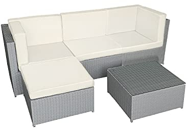 BENEFFITO Pensacola - Salon de Jardin Résine Tressée 3 Places Modulable - Canapé d'angle - Table Basse Carrée avec Plateau en Verre 60x60 cm - Repose-Pieds - Coussins Deperlants - Gris Beige