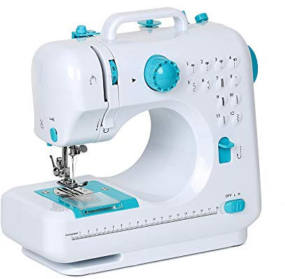 Mini máquina de coser portátil, 12 puntadas integradas, doble hilo, dos velocidades, pedal de pie, principiante y niños, mujeres (azul)